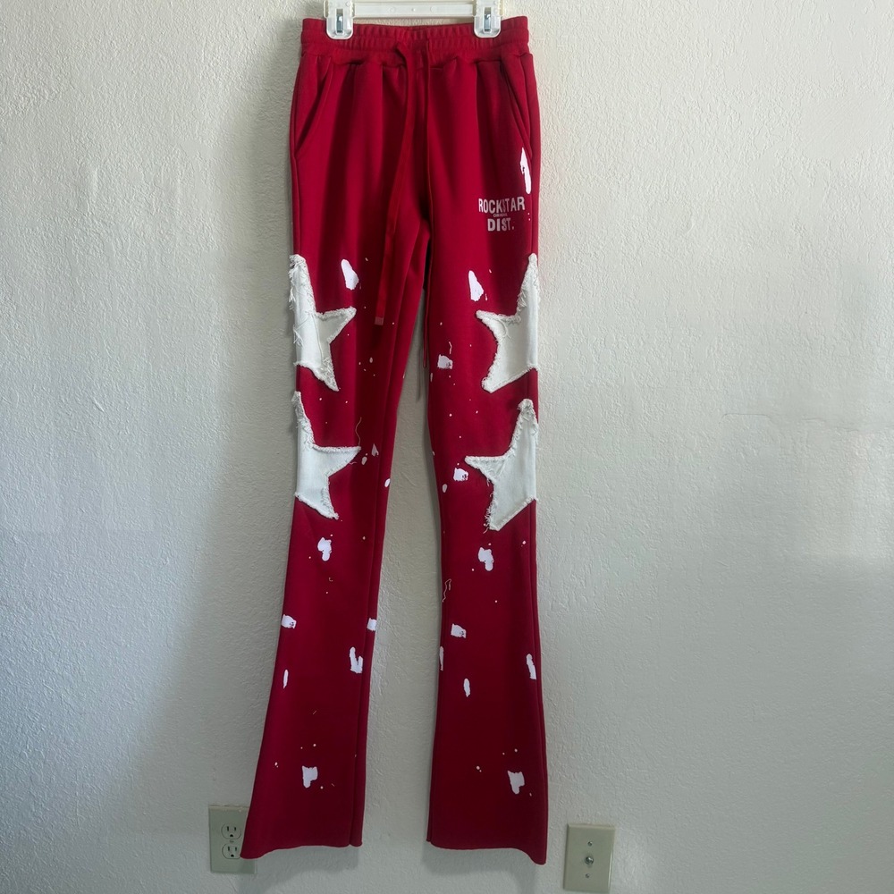 Rockstar Original Red Star Distressed Flare Track Pants With Applique Stars Sz S